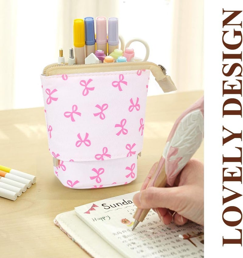 KPX Cute Standing Pencil Case Pen Holder for Kids, Pop Up Stand UP Bubble Tea Pen Organizer Kawaii Stationary for Christmas Holiday New Year Office (Bow) - Image 5